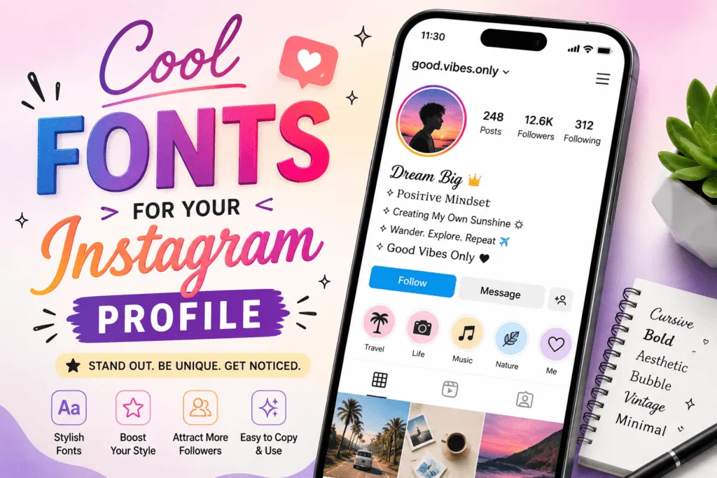 Instagram profile using cool fonts in the name and bio